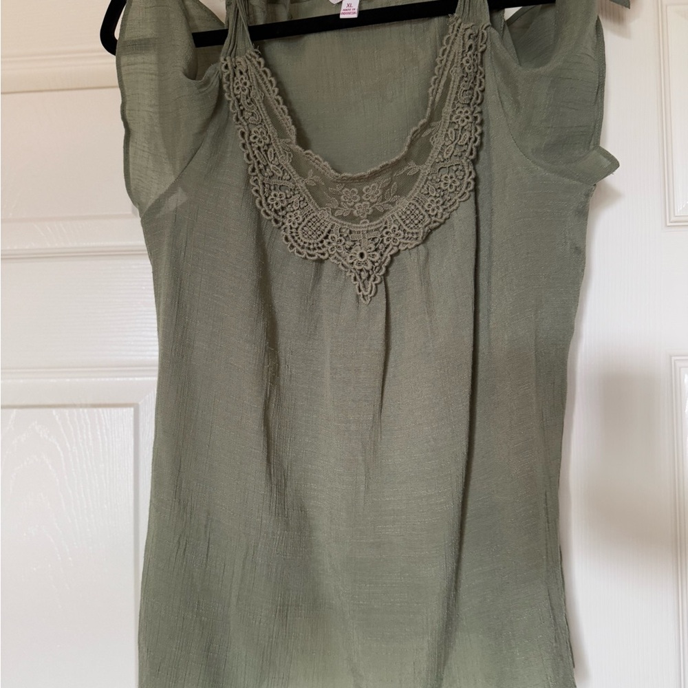 Elegant Olive Green Lace Trim off the shoulder Top